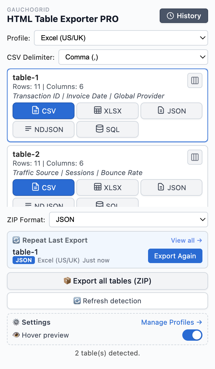 Export history panel with repeat export option