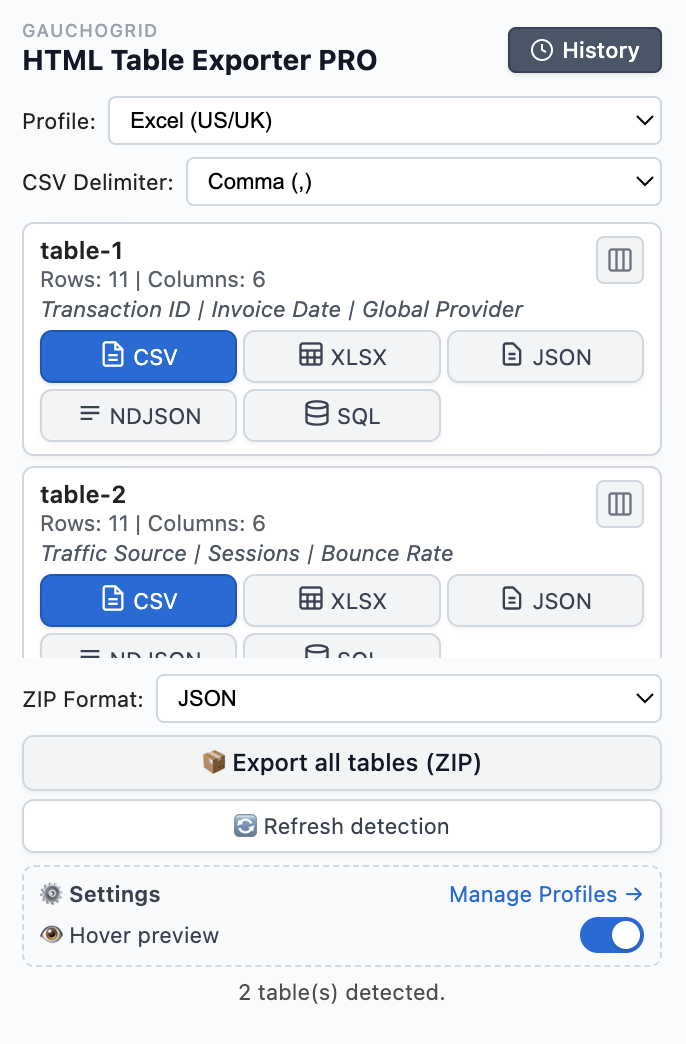 HTML Table Exporter PRO main interface showing detected tables with export options