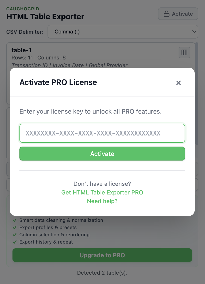 License activation modal with input field for license key