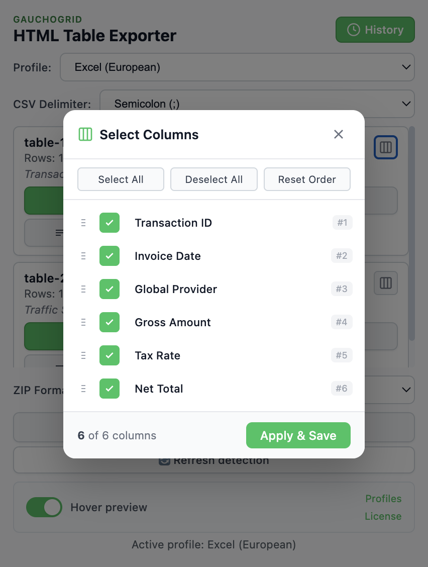 Column selector interface showing checkboxes and drag handles for reordering columns